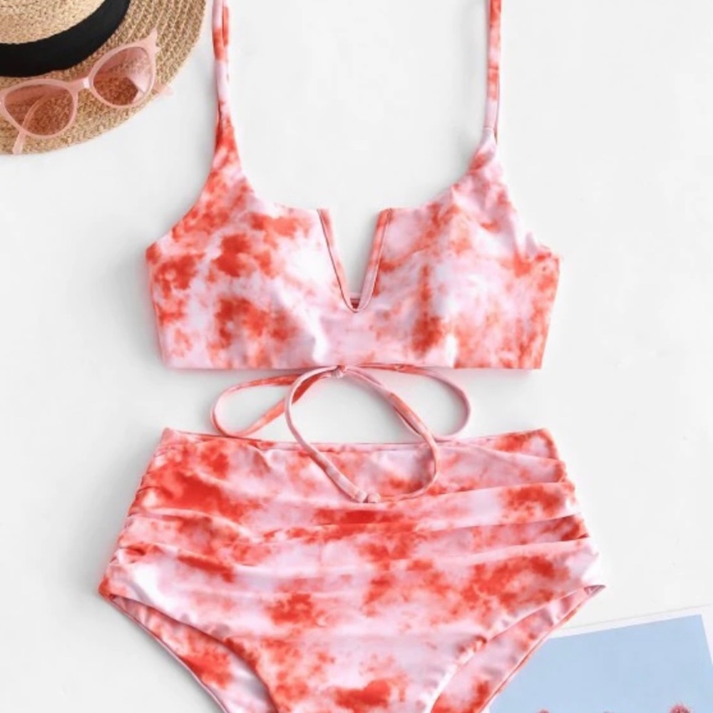 ZAFUL Tie Dye Lace Up Hight Cut Ruched Bikini